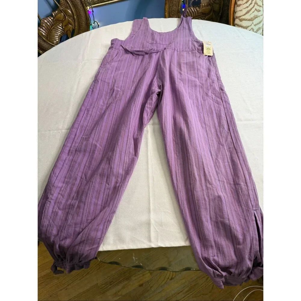 NWT Soul Flower L/XL Purple Striped Hippie Boho Festival Overalls 100% Cotton